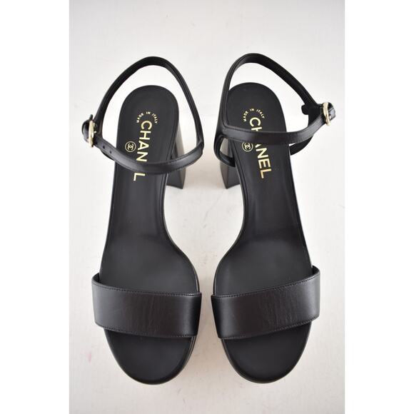 Chanel 24C Black Lambskin Leather Logo Platform Ankle Strap Block Heel Sandal 41 - Picture 7 of 14